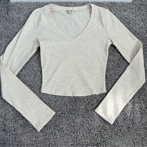 Beige V-Neck Long Sleeve Top